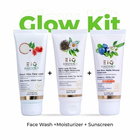 EIQ - EINSTEINIQ Face Wash + Sunscreen + Moisturizer | Complete Daily Skincare Combo | Cleanse, Hydrate & Protect | Lightweight, Non-Sticky | All Skin Types