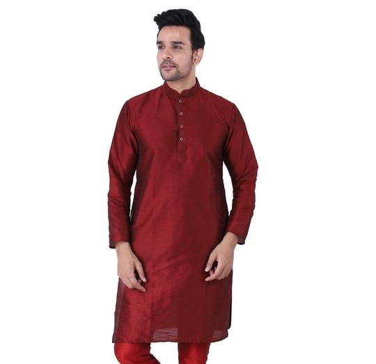 Sadree Men Silk Blend Self Designe Funcation and Festival wear Attractive Button Looks Solid Colour with insert Pockets Knee Length Maroon Kurta