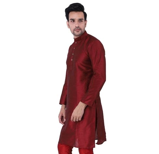 Sadree Men Silk Blend Self Designe Funcation and Festival wear Attractive Button Looks Solid Colour with insert Pockets Knee Length Maroon Kurta