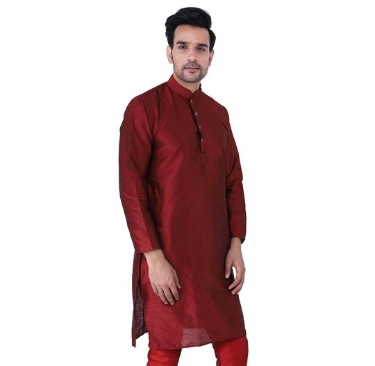 Sadree Men Silk Blend Self Designe Funcation and Festival wear Attractive Button Looks Solid Colour with insert Pockets Knee Length Maroon Kurta
