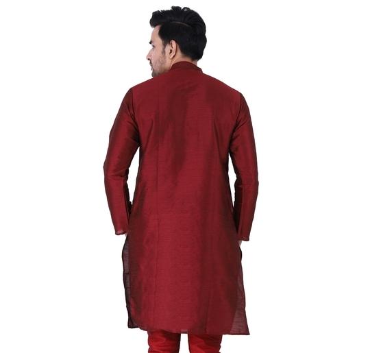 Sadree Men Silk Blend Self Designe Funcation and Festival wear Attractive Button Looks Solid Colour with insert Pockets Knee Length Maroon Kurta