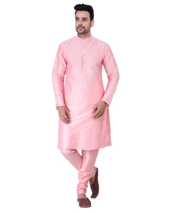 Sadree Men's Silk Blend, Knee Length, Full Sleeve, Mandarin Collor, Regular Fit, Casual wear Ethnic Style Kurta Churidar Pyjama Set | Colour -  PINK | | Size - 42