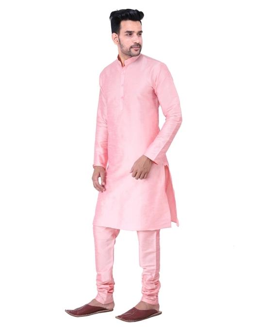 Sadree Men's Silk Blend, Knee Length, Full Sleeve, Mandarin Collor, Regular Fit, Casual wear Ethnic Style Kurta Churidar Pyjama Set | Colour -  PINK | | Size - 42
