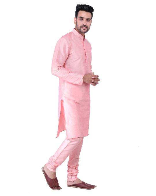 Sadree Men's Silk Blend, Knee Length, Full Sleeve, Mandarin Collor, Regular Fit, Casual wear Ethnic Style Kurta Churidar Pyjama Set | Colour -  PINK | | Size - 42