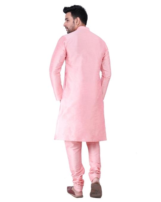 Sadree Men's Silk Blend, Knee Length, Full Sleeve, Mandarin Collor, Regular Fit, Casual wear Ethnic Style Kurta Churidar Pyjama Set | Colour -  PINK | | Size - 42