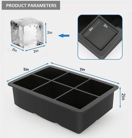 KitchenFest 6 Cavity Square Flexible Silicone 2" Large Size Ice Cube Tray with Cover. 1 Pcs.