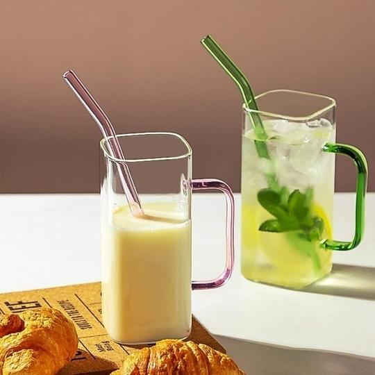 RAMAFORTALEZA 2 Pcs Premium Glass Drinking Mug with Reusable Straw, Square Transparent Juice Cup, Coffee Tea Water Beverage Glass Tumbler