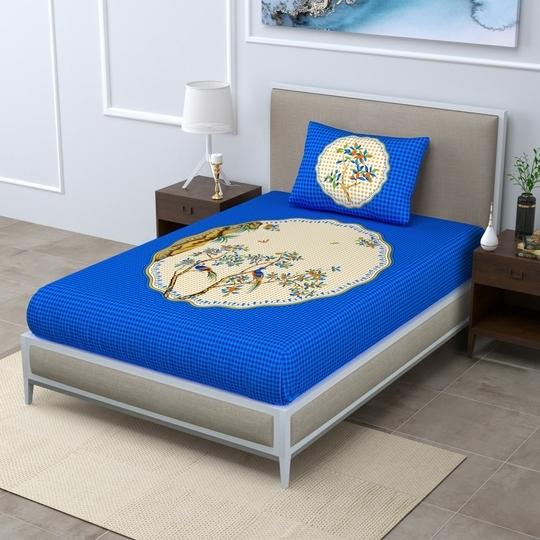 UniqChoice Blue Color 100% Cotton Jaipuri Printed Single bedsheet With 1 Pillow Cover 150 x 220 Cm(1+1_Single_96_Blue_89)