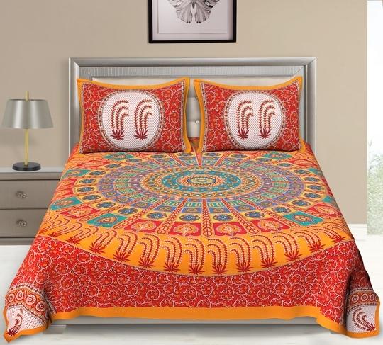 UniqChoice Orange Cotton Jaipuri Double Bedsheet with 2 Pillow Cover 215 x 240 cm (3_ Orange_ 89)