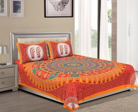 UniqChoice Orange Cotton Jaipuri Double Bedsheet with 2 Pillow Cover 215 x 240 cm (3_ Orange_ 89)