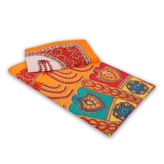 UniqChoice Orange Cotton Jaipuri Double Bedsheet with 2 Pillow Cover 215 x 240 cm (3_ Orange_ 89)