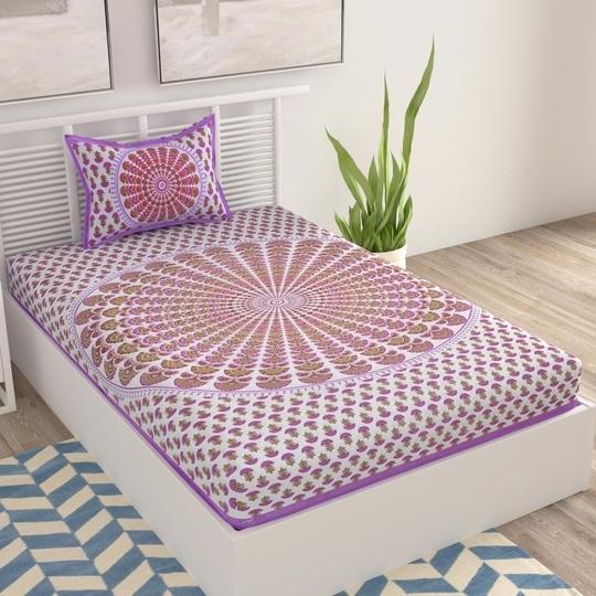 UniqChoice Purple 100% Cotton Single Bedsheet With 1 Pillow Cover(1+ 1_ Single_ Chakari_ Purple)