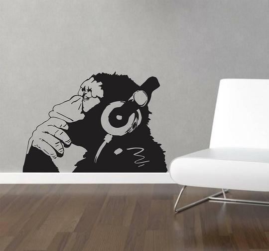 Lanstick Vinyl Multicolor Monkey Hearing Music Image Designer Wall Self Adhesive Wall Stickers 24 inch