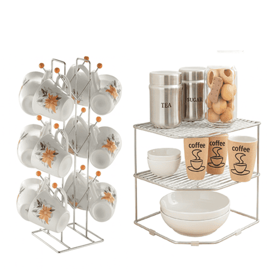 KPT Kitchen Organizer Stainless Steel Cup Holder + Corner Shelf Rack Combo