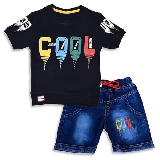 WORTON FASHION Fancy Kids Pure Cotton T-Shirt And Denim Jeans Shorts Set (6-7 years, Navy Blue)