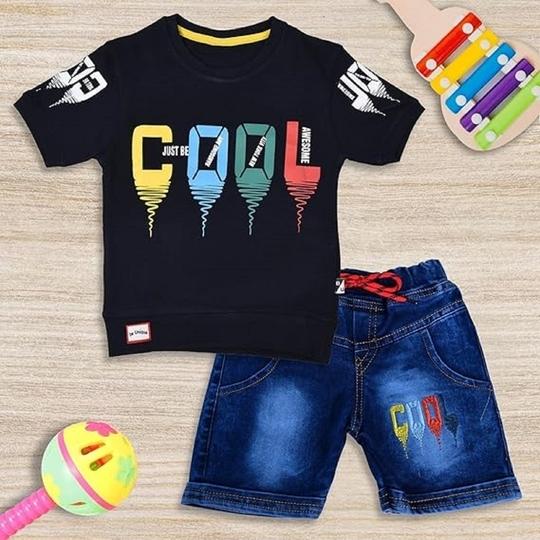WORTON FASHION Fancy Kids Pure Cotton T-Shirt And Denim Jeans Shorts Set (6-7 years, Navy Blue)
