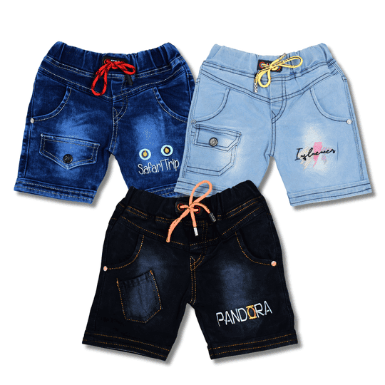 WORTON FASHION Boys 3-Pack Denim Shorts - Multicolor Shorts with Elastic Waist, Drawcord & Colorful Embroidered Graphics 1-7 Years