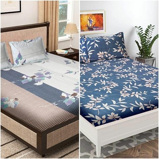 SAVORA LIFESTYLE Set of 2 Queen Size Cotton Bedsheet with 2 Pillow Covers 90x100 Inches Soft Breathable Printed Double Bed Sheet for Home Bedroom, Combo 05