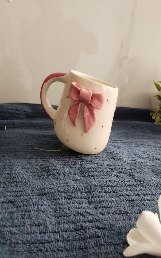 The Earthystone Cute Ribbon Design Ceramic Cup for Tea Coffee Milk Hot Drinks Decorative Pink Bow Printed Ceramic Mug for Home Office Desk Use Charming Gift Cup