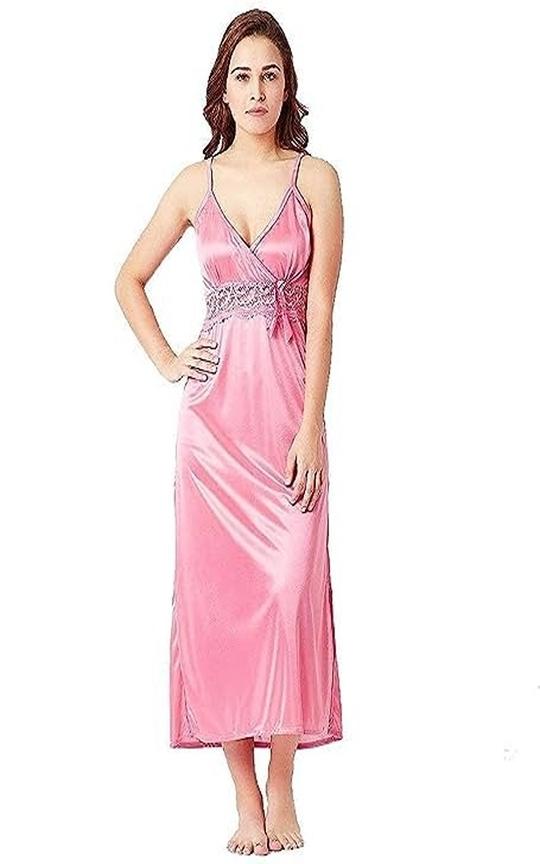 FlyNery Women's Nightgown Nighty 2 Piece Set of Sleepwear and Nightwear Nightdress Satin Nighty Solid Maxi Length Nighty with Robe (X-Large, Pink)
