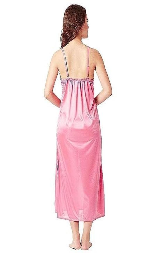 FlyNery Women's Nightgown Nighty 2 Piece Set of Sleepwear and Nightwear Nightdress Satin Nighty Solid Maxi Length Nighty with Robe (X-Large, Pink)