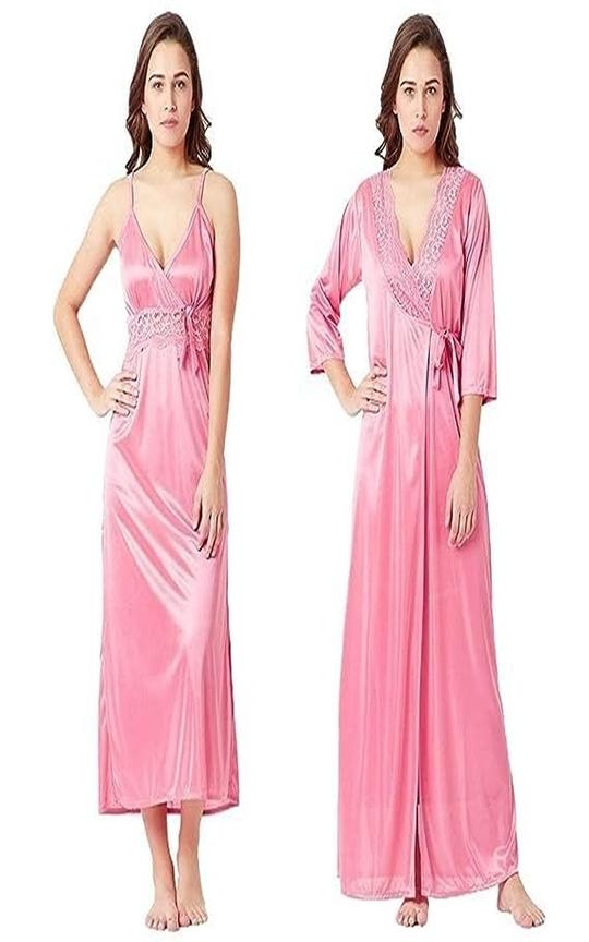 FlyNery Women's Nightgown Nighty 2 Piece Set of Sleepwear and Nightwear Nightdress Satin Nighty Solid Maxi Length Nighty with Robe (X-Large, Pink)
