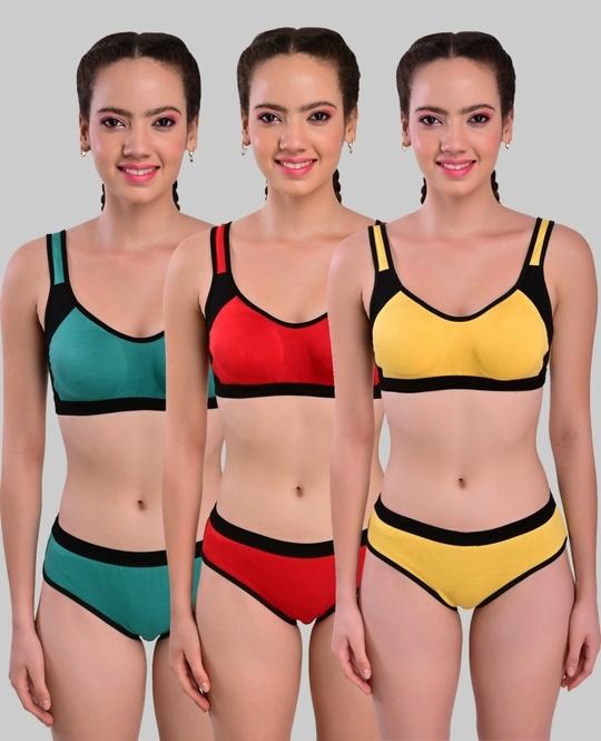 Yana Women Yellow, Green, Red Self Design Cotton Blend Set Of 3 Bra And Panty (36)