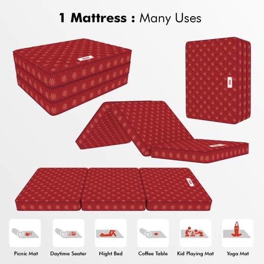 Usha Shriram Essentio 3 Fold Reversible Travel Bed at FACTORY RATE 3 inch Single Mattress | 18 Months Warranty |  Soft Mattress | PU Foam Mattress (72x36x3 Inches,Single Mattress, Maroon)