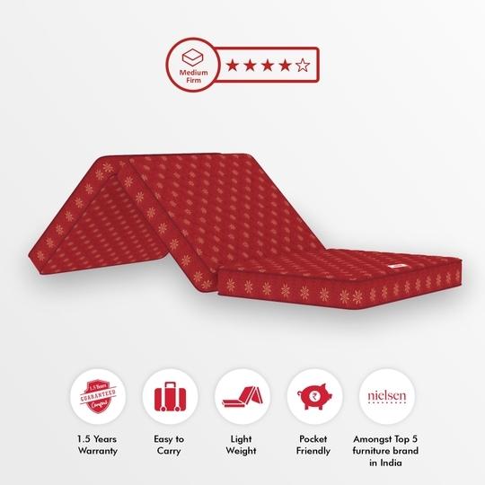 Usha Shriram Essentio 3 Fold Reversible Travel Bed at FACTORY RATE 3 inch Single Mattress | 18 Months Warranty |  Soft Mattress | PU Foam Mattress (78x35x3 Inches,Single Mattress, Maroon)