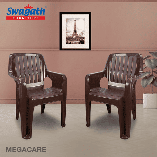 Swagath Furniture Megacare Plastic Chair for Indoor/Outdoor use in Caf, Home, Office (Colour-Saddle Brown, Set of 2, Pre-assembled)