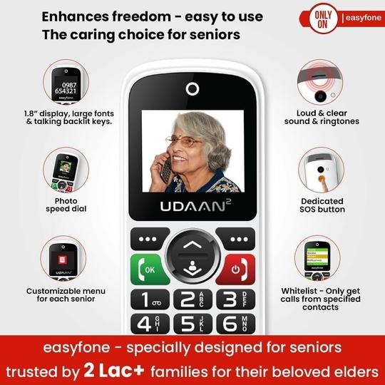 easyfone Udaan 2 Big Button Mobile Phone for Senior Citizens - Safety Device with SOS & Fraud call Prevention | Loud sound | very easy to use | Large display | 1 - year warranty.