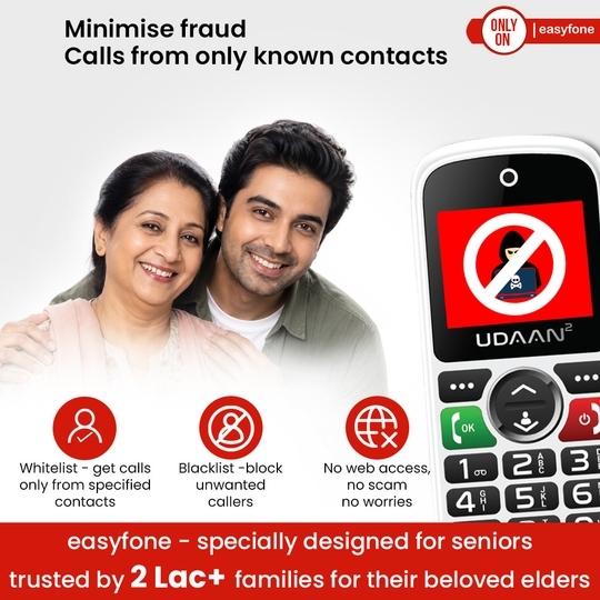 easyfone Udaan 2 Big Button Mobile Phone for Senior Citizens - Safety Device with SOS & Fraud call Prevention | Loud sound | very easy to use | Large display | 1 - year warranty.