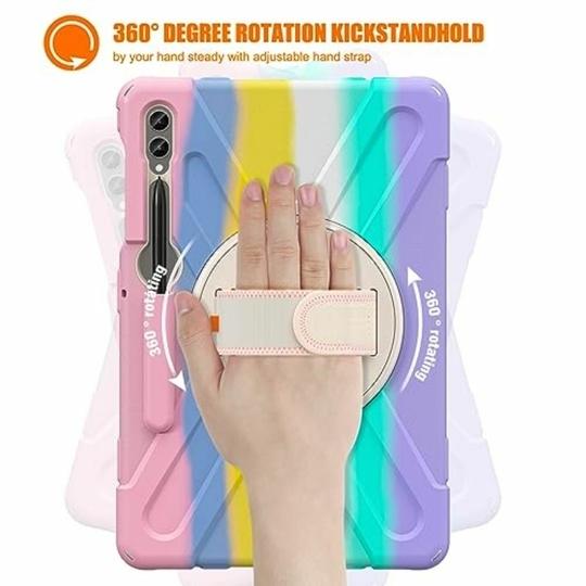 ProElite Cover for Galaxy Tab S9 Plus Case, Rugged 3 Layer Armor case for Samsung Galaxy Tab S9 Plus/S8 Plus/S7 Plus/S7 FE 12.4 inch with S Pen Holder, Hand Grip and Rotating Kickstand, Rainbow Pink