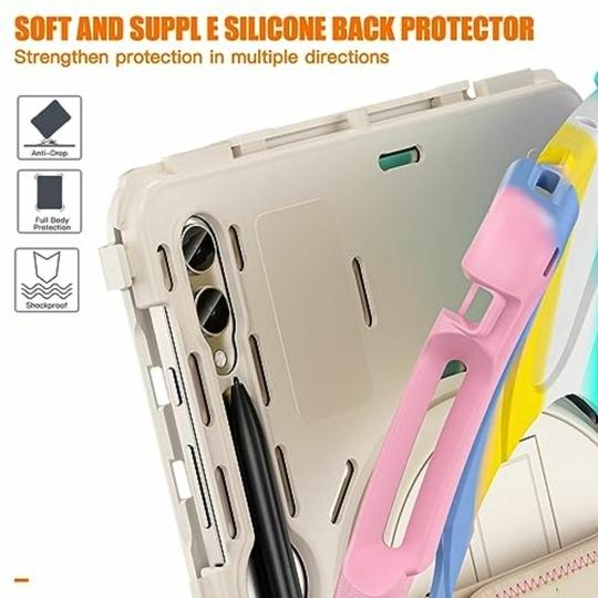 ProElite Cover for Galaxy Tab S9 Plus Case, Rugged 3 Layer Armor case for Samsung Galaxy Tab S9 Plus/S8 Plus/S7 Plus/S7 FE 12.4 inch with S Pen Holder, Hand Grip and Rotating Kickstand, Rainbow Pink