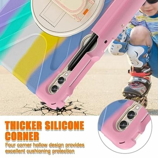 ProElite Cover for Galaxy Tab S9 Plus Case, Rugged 3 Layer Armor case for Samsung Galaxy Tab S9 Plus/S8 Plus/S7 Plus/S7 FE 12.4 inch with S Pen Holder, Hand Grip and Rotating Kickstand, Rainbow Pink