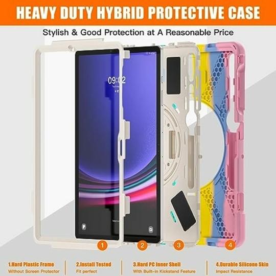 ProElite Cover for Galaxy Tab S9 Plus Case, Rugged 3 Layer Armor case for Samsung Galaxy Tab S9 Plus/S8 Plus/S7 Plus/S7 FE 12.4 inch with S Pen Holder, Hand Grip and Rotating Kickstand, Rainbow Pink