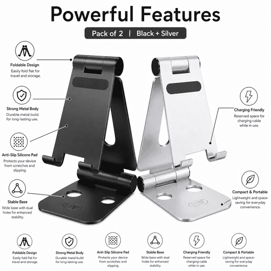 ELV Premium Foldable Mobile Stand, Black + Silver Combo, Pack of 2