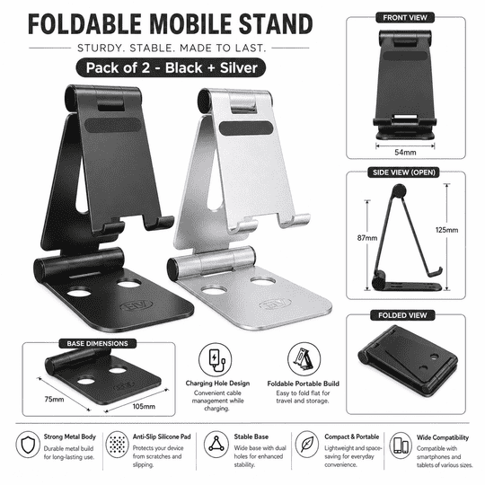 ELV Premium Foldable Mobile Stand, Black + Silver Combo, Pack of 2