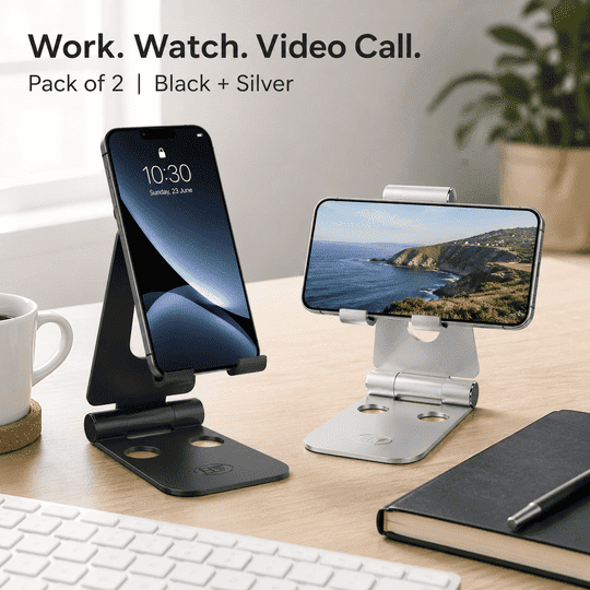 ELV Premium Foldable Mobile Stand, Black + Silver Combo, Pack of 2