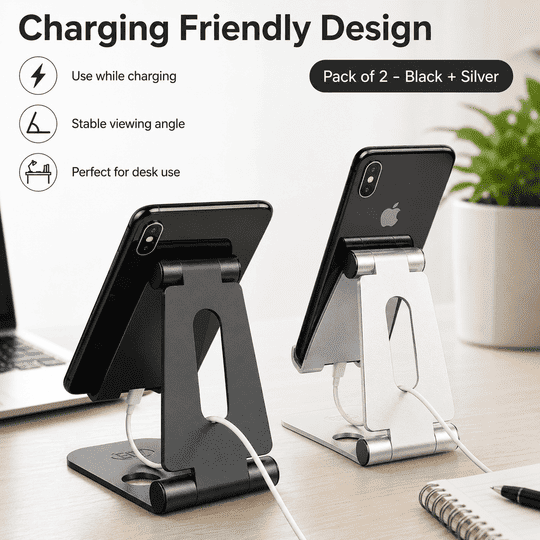 ELV Premium Foldable Mobile Stand, Black + Silver Combo, Pack of 2