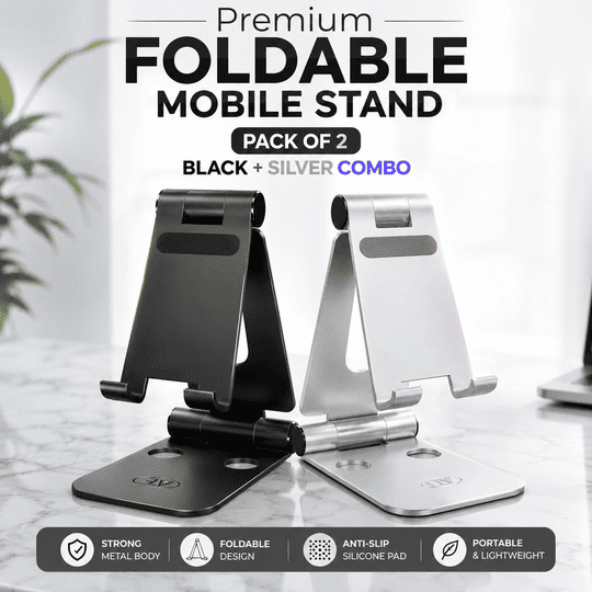 ELV Premium Foldable Mobile Stand, Black + Silver Combo, Pack of 2