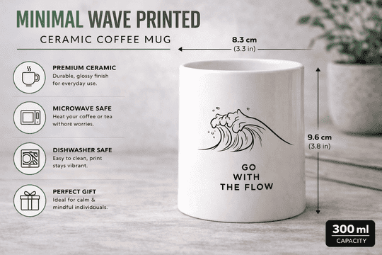 STUPIDCART Minimal Wave Printed Ceramic Coffee Mug | Go With The Flow Mug | Aesthetic Calm Design | White | 300 ml