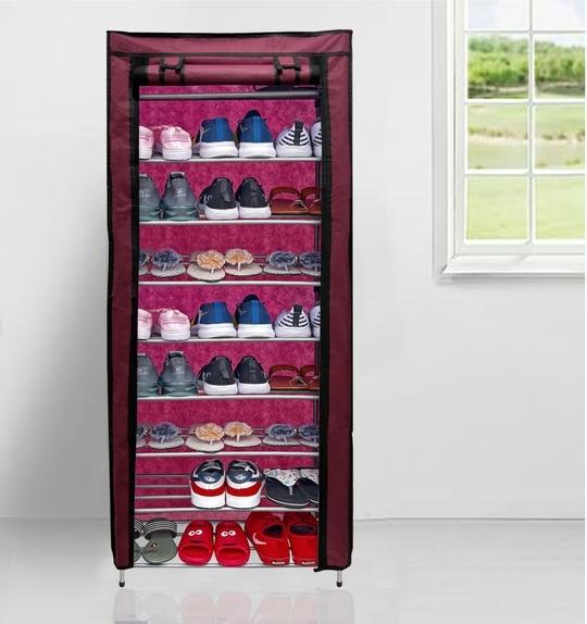PHILOSHOP Multi-Utility Collapsible 9 Layer Metal Shoe Cabinet, Shoe Rack (Maroon)