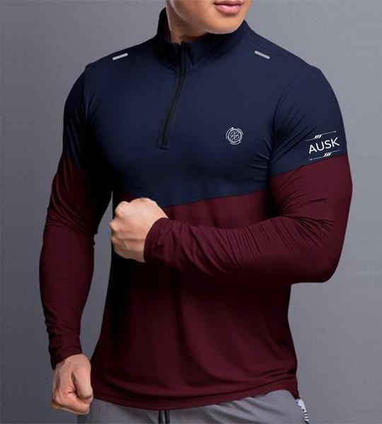 Ausk Men Solid Turtle Neck Polyester Blue & Maroon T-Shirt