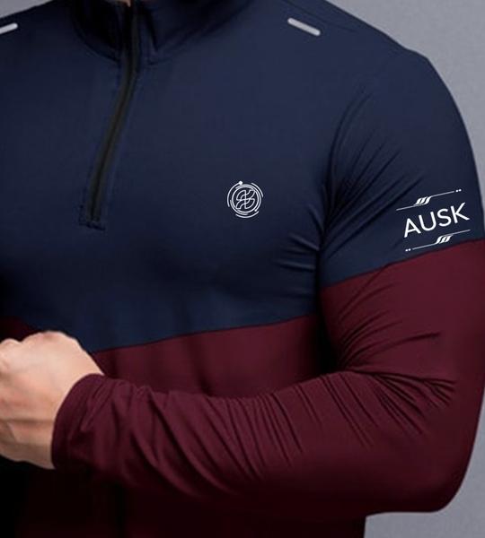 Ausk Men Solid Turtle Neck Polyester Blue & Maroon T-Shirt