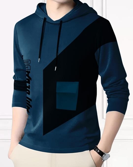 Ausk Printed Full Sleeve Hooded Tshirt For Men ( Color- Teal Blue & Black)