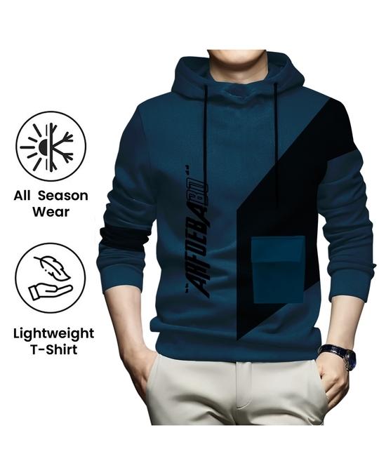 Ausk Printed Full Sleeve Hooded Tshirt For Men ( Color- Teal Blue & Black)