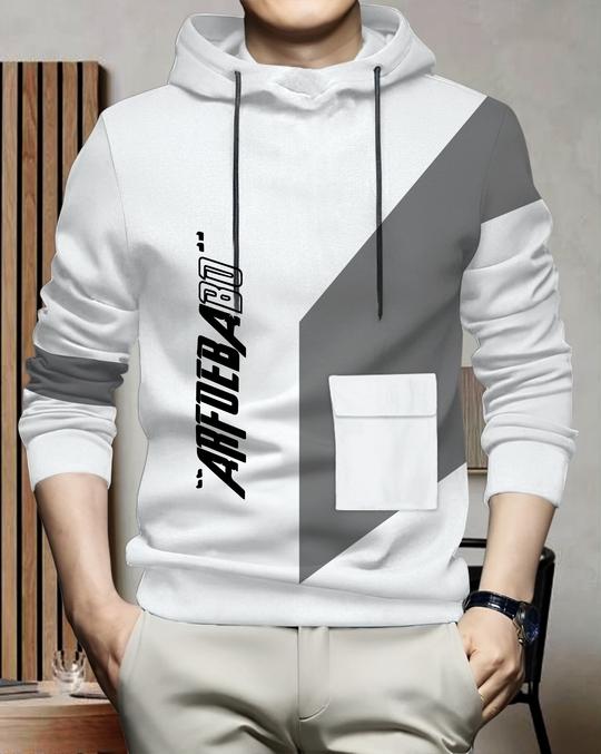 Ausk Printed Full Sleeve Hooded Tshirt For Men (Color- White & Grey) Non Returnable