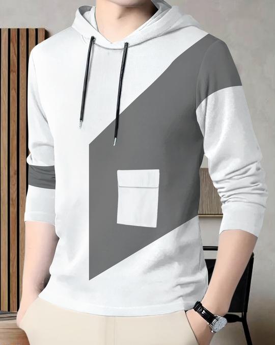 Ausk Printed Full Sleeve Hooded Tshirt For Men (Color- White & Grey) Non Returnable