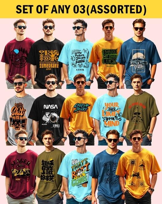 Ausk Men's Round Neck Half Sleeve Oversized Printed T-Shirt( Non Returnable) (Any 3)